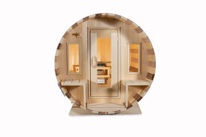 Dundalk Leisurecraft Canadian Timber Tranquility Barrel Sauna facing front with white background