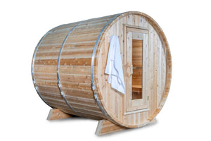 Dundalk Leisurecraft Canadian Timber Harmony Barrel Sauna with white background facing right