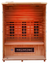 Load image into Gallery viewer, Health Mate - Enrich III Infrared Sauna with front panel removed showing inside structure, red chromotherapy color