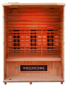 Health Mate - Enrich III Infrared Sauna with front panel removed showing inside structure, red chromotherapy color