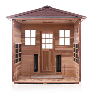 Enlighten Sauna Sierra 5 Person Peak Roof with back panel removed showing the inside structure
