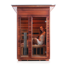 Load image into Gallery viewer, Enlighten Sauna Rustic 2 Person Slope Roof with woman sitting inside, sauna facing front