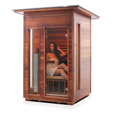 Load image into Gallery viewer, Enlighten Sauna Rustic 2 Person Slope Roof facing left with woman inside
