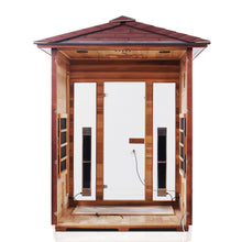 Load image into Gallery viewer, Enlighten Sauna Rustic 3 Person Peak Roof front view with front door taken off showing the inside