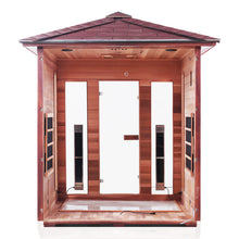 Load image into Gallery viewer, Enlighten Sauna Rustic 4 Person Peak Roof with back panel taken off showing the inside