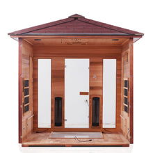 Load image into Gallery viewer, Enlighten Sauna Rustic 5 Person Peak Roof with back panel removed showing the inside from a back facing view 