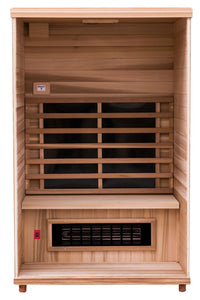 Health Mate - Renew II Infrared Sauna front facing view with front panel removed to show inside structure