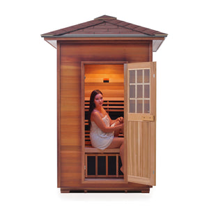 Enlighten Sauna Sierra 2 Person Peak Roof facing front with woman inside in white background