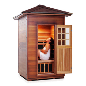 Enlighten Sauna Sierra 2 Person Peak Roof facing right with woman inside in white background