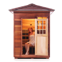 Load image into Gallery viewer, Enlighten Sauna Sierra 3 Person Peak Roof facing front with door open and woman inside