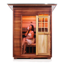 Load image into Gallery viewer, Enlighten Sauna Sierra 3 Person Slope Roof facing front with woman inside, door open