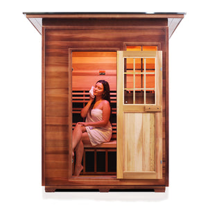 Enlighten Sauna Sierra 3 Person Slope Roof facing front with woman inside, door open