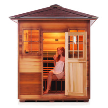 Load image into Gallery viewer, Enlighten Sauna Sierra 4 Person Peak Roof facing front with woman inside, door open