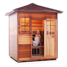 Load image into Gallery viewer, Enlighten Sauna Sierra 4 Person Peak Roof facing right with woman inside, door open