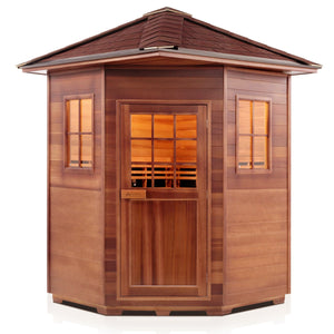Enlighten Sauna Sierra 4 Person Corner Sauna with Peak Roof front facing view in a white background