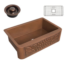 Load image into Gallery viewer, Macedonian Farmhouse Handmade Copper 33 in. 0-Hole Single Bowl Kitchen Sink with Flower Bed Design Panel in Polished Antique Copper