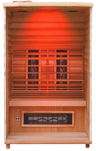 Load image into Gallery viewer, Health Mate Enrich 2 Infarared Sauna facing front with front panel removed showing inside structure, red chromotherapy color 