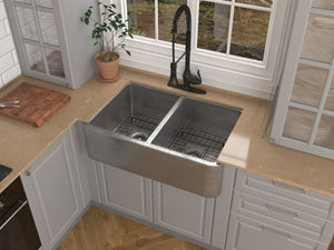 Bengal Farmhouse Handmade Copper 33 in. 50/50 Double Bowl Kitchen Sink in Hammered Nickel