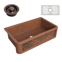 Load image into Gallery viewer, Mytilene Farmhouse Handmade Copper 36 in. 0-Hole Single Bowl Kitchen Sink with Floral Design Panel in Polished Antique Copper