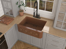 Load image into Gallery viewer, Cilicia Farmhouse Handmade Copper 30 in. 0-Hole Single Bowl Kitchen Sink with Daisy Design Panel in Polished Antique Copper