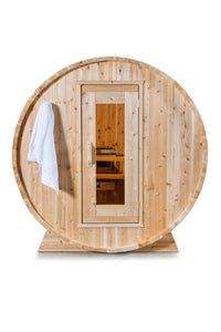 Dundalk Leisurecraft Canadian Timber Harmony Barrel Sauna with white background facing the front