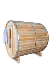 Dundalk Leisurecraft Canadian Timber Harmony Barrel Sauna with white background facing far left