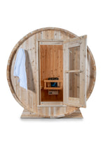 Load image into Gallery viewer, Dundalk Leisurecraft Canadian Timber Harmony Barrel Sauna with white background facing the front with the door open and towle hanging on the left side towel rack