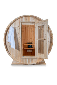 Dundalk Leisurecraft Canadian Timber Harmony Barrel Sauna with white background facing the front with the door open and towle hanging on the left side towel rack