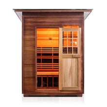 Load image into Gallery viewer, Enlighten Sauna Sierra 3 Person Slope Roof front facing view with door open in a white background