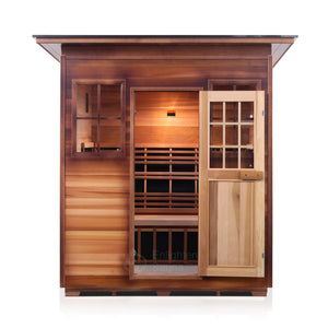 Enlighten Sauna Sierra 4 Person Slope Roof facing front with door open, white background