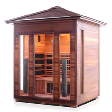 Load image into Gallery viewer, Enlighten Sauna Rustic 4 Person Peak Roof facing left with white background