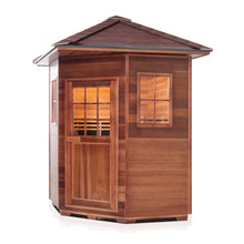 Load image into Gallery viewer, Enlighten Sauna Sierra 4 Person Corner Sauna with Peak Roof facing left in a white background