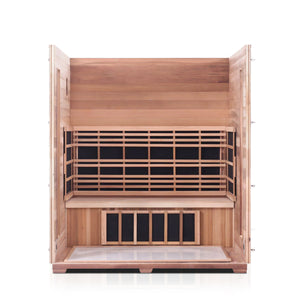 Enlighten Sauna Rustic 4 Person Peak Roof with roof and front panel taken off, showing the inside