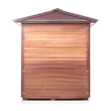 Load image into Gallery viewer, Enlighten Sauna Sierra 4 Person Peak Roof backside view with white background