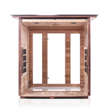 Load image into Gallery viewer, Enlighten Sauna Rustic 4 Person Slope Roof with back panel removed showing the inside of the sauna