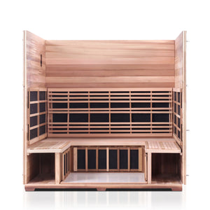 Enlighten Sauna Sierra 5 Person Peak Roof with roof and front panel removed showing the inside structure