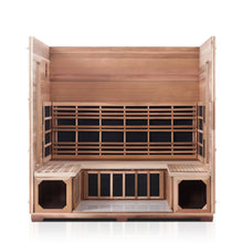 Load image into Gallery viewer, Enlighten Sauna Rustic 5 Person Peak Roof with roof and front panel removed showing the inside of the sauna