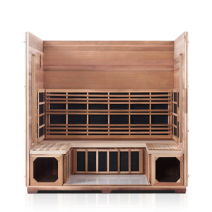 Enlighten Sauna Rustic 5 Person Peak Roof with roof and front panel removed showing the inside of the sauna