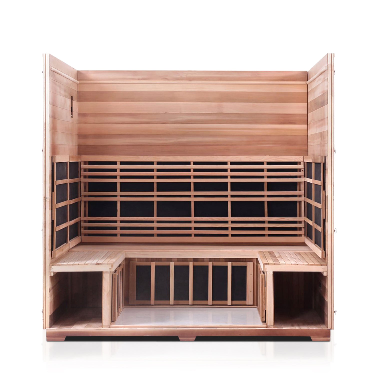 Enlighten Sauna Sierra 5 Person Slope Roof with roof and front panel removed showing inside structure