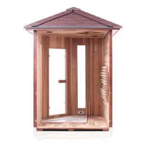 Enlighten Sauna Rustic 4 Person Corner Sauna with right side panel taken off showing the inside
