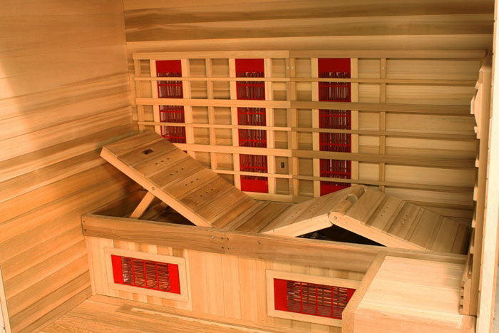Health Mate - Therapy Lounge Infrared Sauna inside view of adjustable back rest bench folded up to seated position