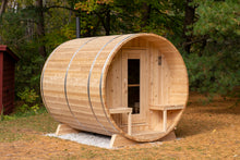 Load image into Gallery viewer, Dundalk Leisurecraft Canadian Timber Serenity Barrel Sauna in a backyard facing right