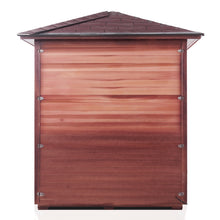 Load image into Gallery viewer, Enlighten Sauna Rustic 4 Person Peak Roof back facing view with white background