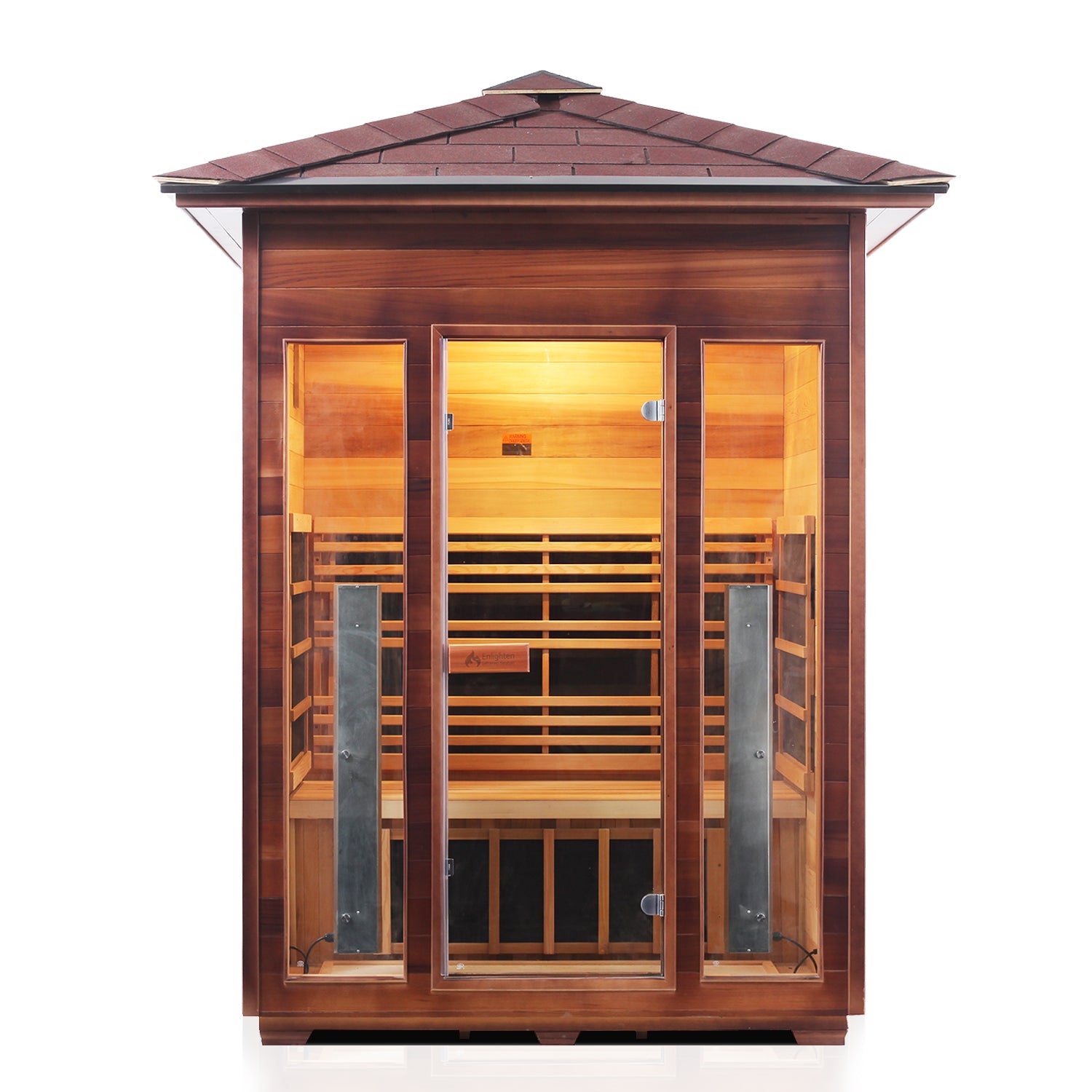 Enlighten Sauna Rustic 3 Person Peak Roof Front facing view with white background
