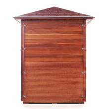Load image into Gallery viewer, Enlighten Sauna Rustic 3 Person Peak Roof backside view with white background