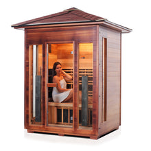 Load image into Gallery viewer, Enlighten Sauna Rustic 3 Person Peak Roof Left view with woman inside