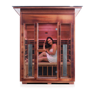 Enlighten Sauna Rustic 3 Person Slope Roof facing front with woman inside, door open