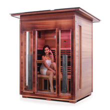 Load image into Gallery viewer, Enlighten Sauna Rustic 3 Person Slope Roof facing left with woman inside