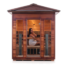 Load image into Gallery viewer, Enlighten Sauna Rustic 4 Person Peak Roof front facing view with woman inside and white background