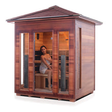 Load image into Gallery viewer, Enlighten Sauna Rustic 4 Person Peak Roof facing left with woman inside, white background